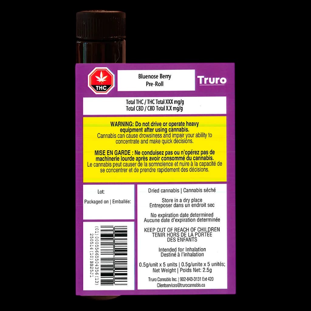 Truro Bluenose Berry Pre-Roll 5-pack, 2.5g total, with purple packaging showing THC warning label and product information