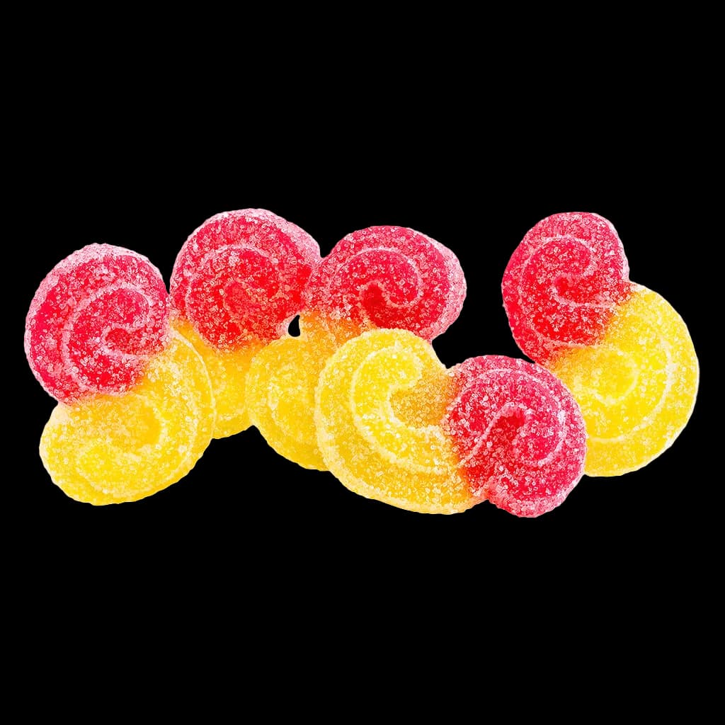 SOURZ by Spinach Strawberry Mango Sativa soft chews, sugar-coated red and yellow gummy candies shaped like spiral wheels