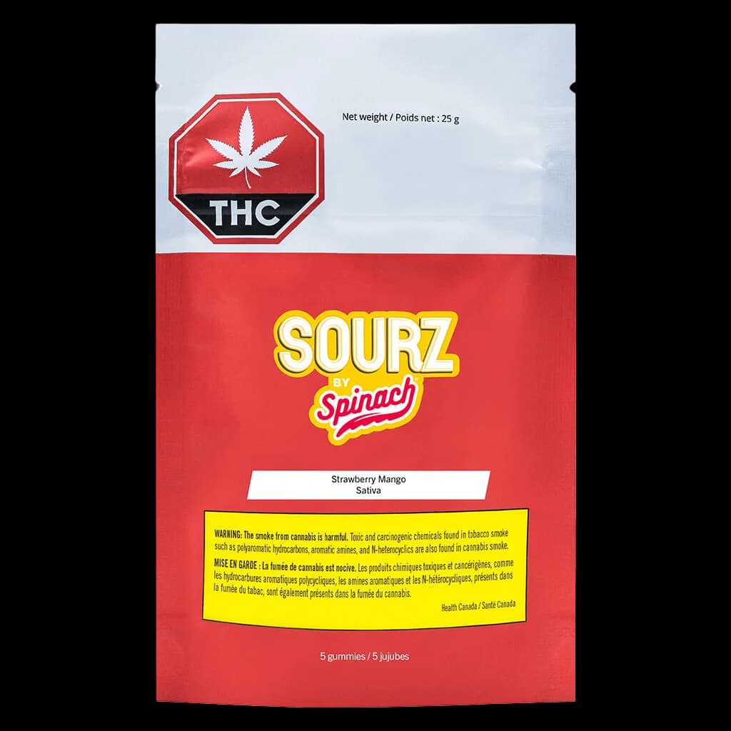 SOURZ by Spinach Strawberry Mango Sativa 25g soft chews package with THC warning symbol and Health Canada label