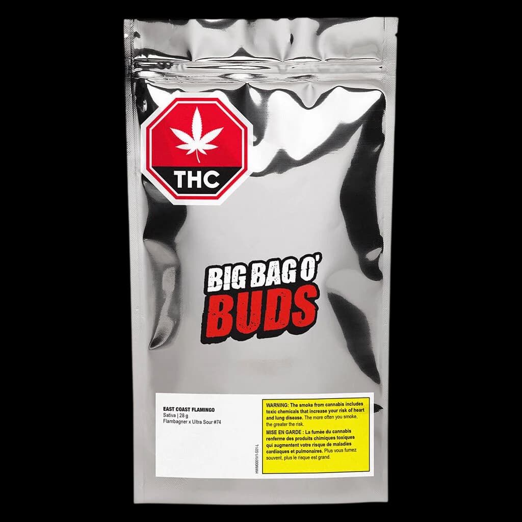 Fleur de cannabis séchée East Coast Flamingo de Big Bag O' Buds, montrant des têtes denses vertes et dorées avec des trichomes visibles