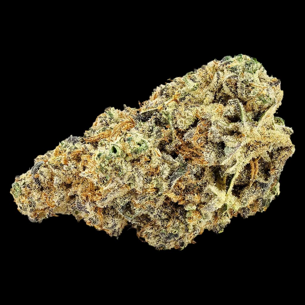 Fleur de cannabis séchée East Coast Flamingo de Big Bag O' Buds, montrant des têtes denses vertes et dorées avec des trichomes visibles