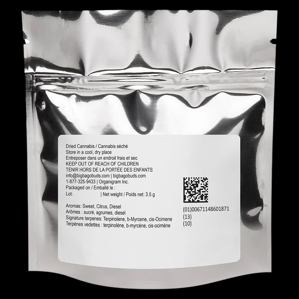 Sachet de fleurs de cannabis séchées Big Bag O' Buds East Coast Flamingo 3,5 g, étiquette arrière montrant les instructions de conservation et le profil terpénique