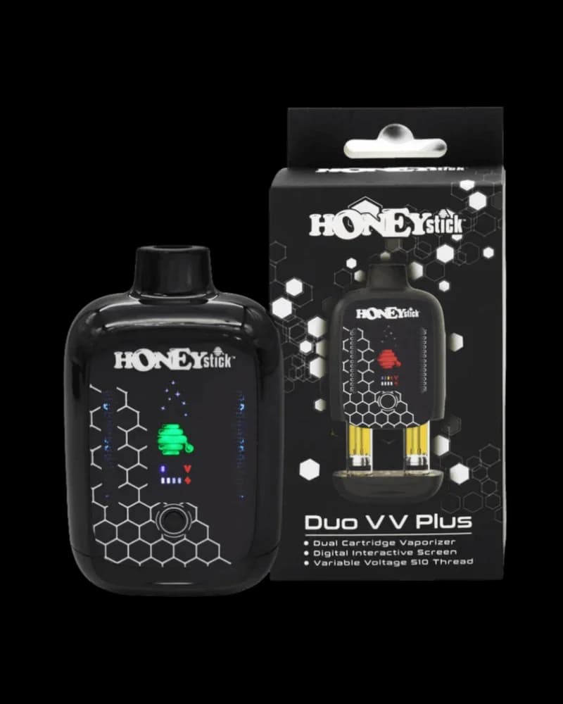 Honeystick Duo VV Plus dual cartridge vaporizer battery with digital screen and packaging box
