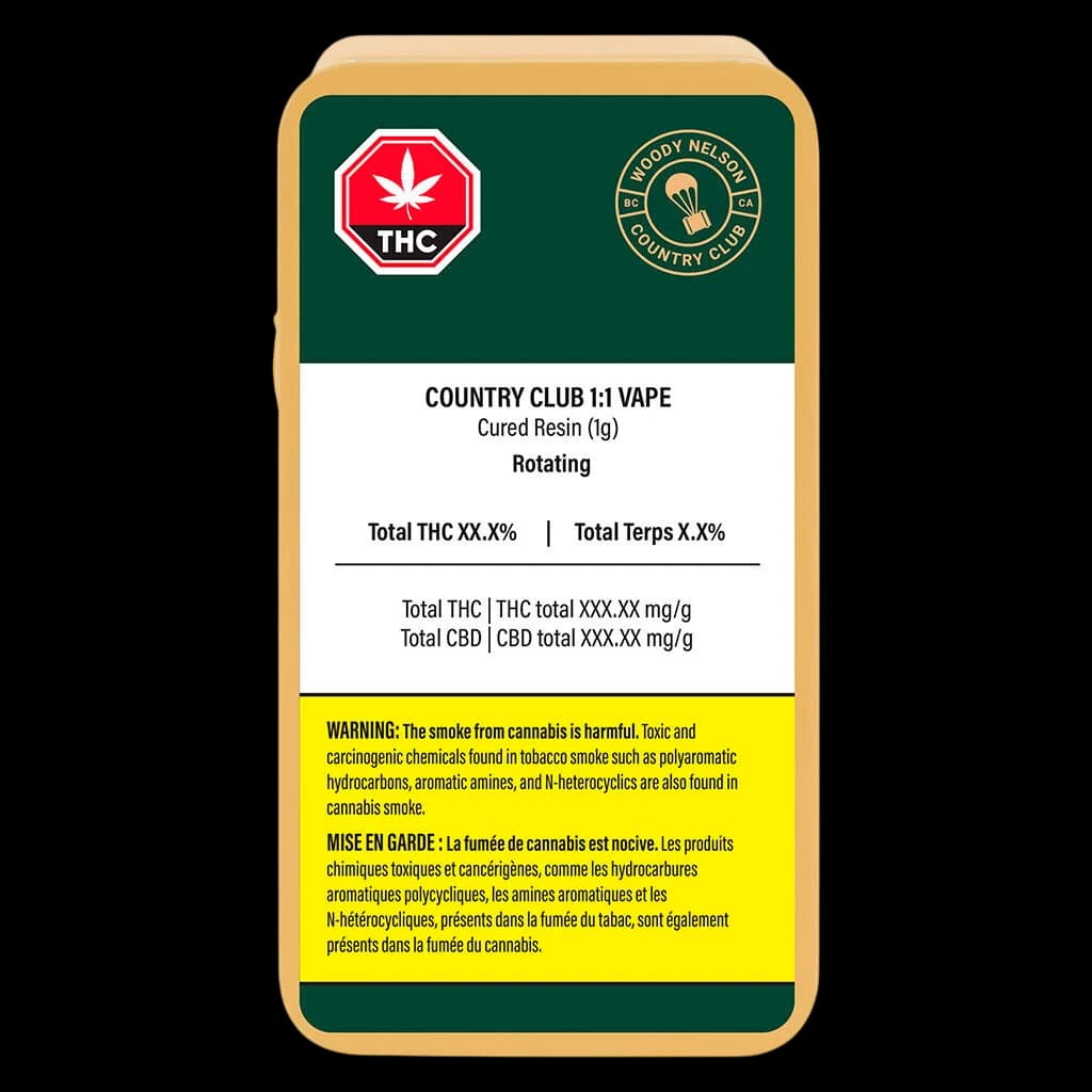 Country Club 1:1 Vape Cured Resin cannabis vape cartridge packaging with green and gold branding, THC warning symbol, and yellow Health Canada warning label