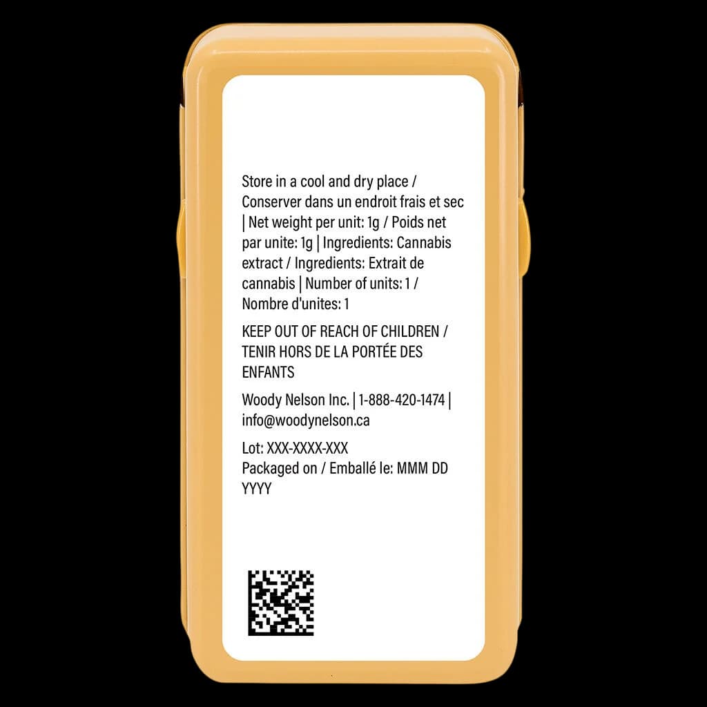 Woody Nelson Country Club 1:1 cannabis vape cartridge 510 thread packaging rear label with storage instructions, ingredients, and regulatory information