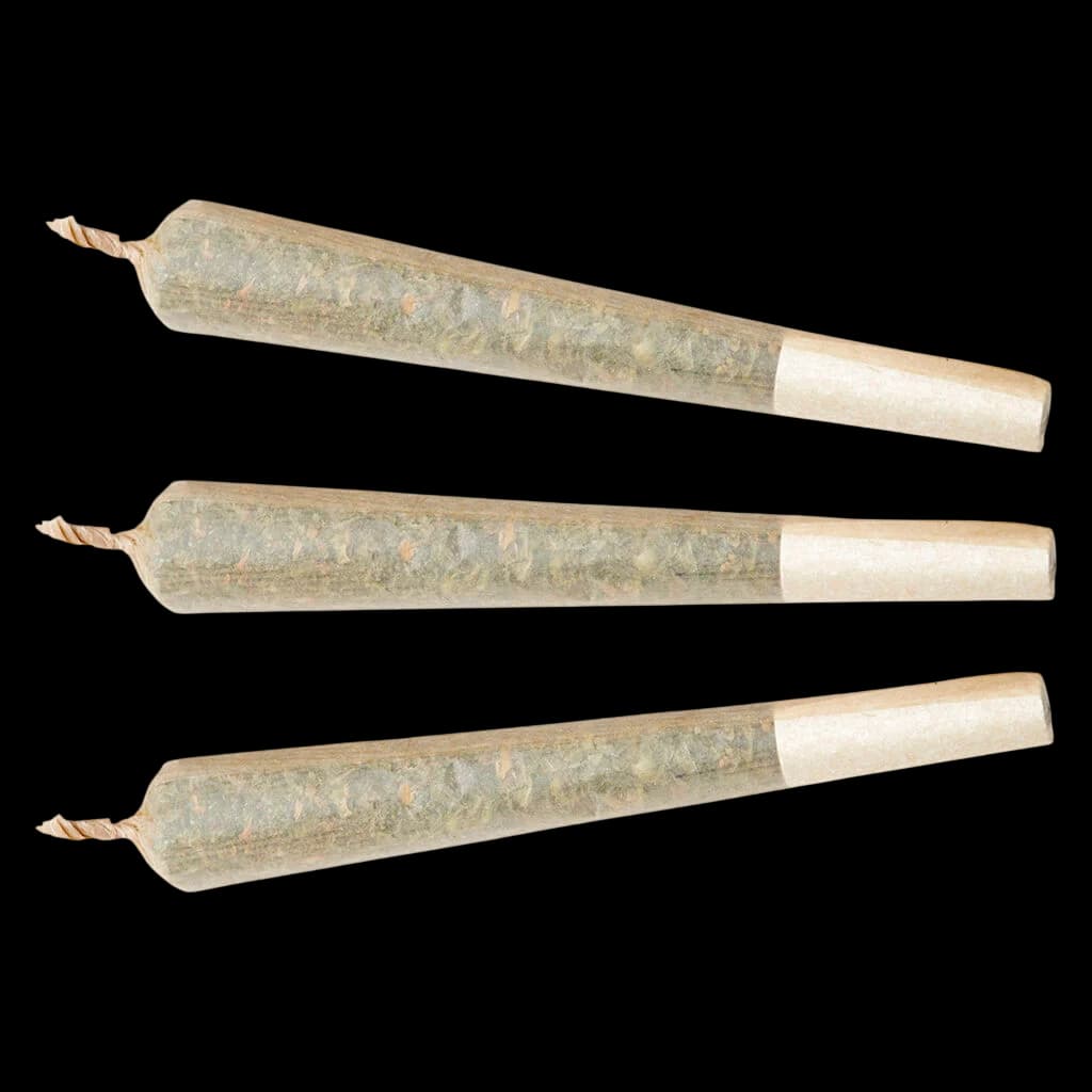 Three Aloha White Widow Liquid Diamond Infused pre-rolls with natural paper wrapping and twisted tips, cannabis dried flower visible