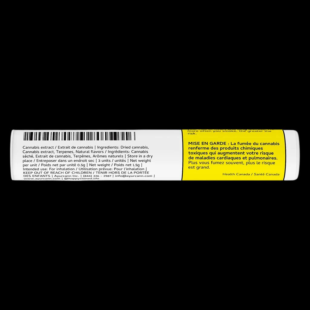 Aloha White Widow Liquid Diamond Infused Pre-Roll rear packaging showing ingredients, net weight 0.5g per unit, Health Canada warning label in yellow