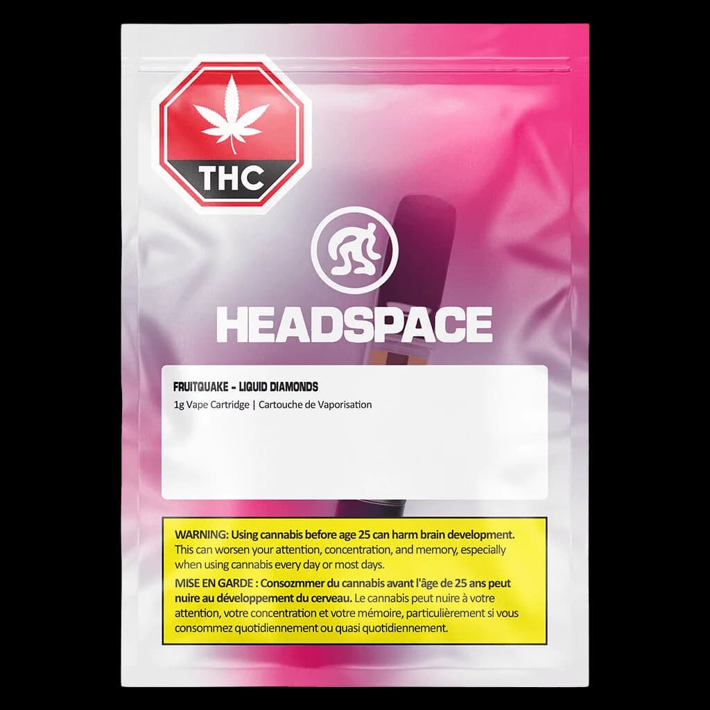 Emballage de cartouche de vapotage au cannabis Headspace Fruitquake Liquid Diamonds 1 g avec symbole d'avertissement THC rouge et étiquette d'avertissement jaune de Santé Canada