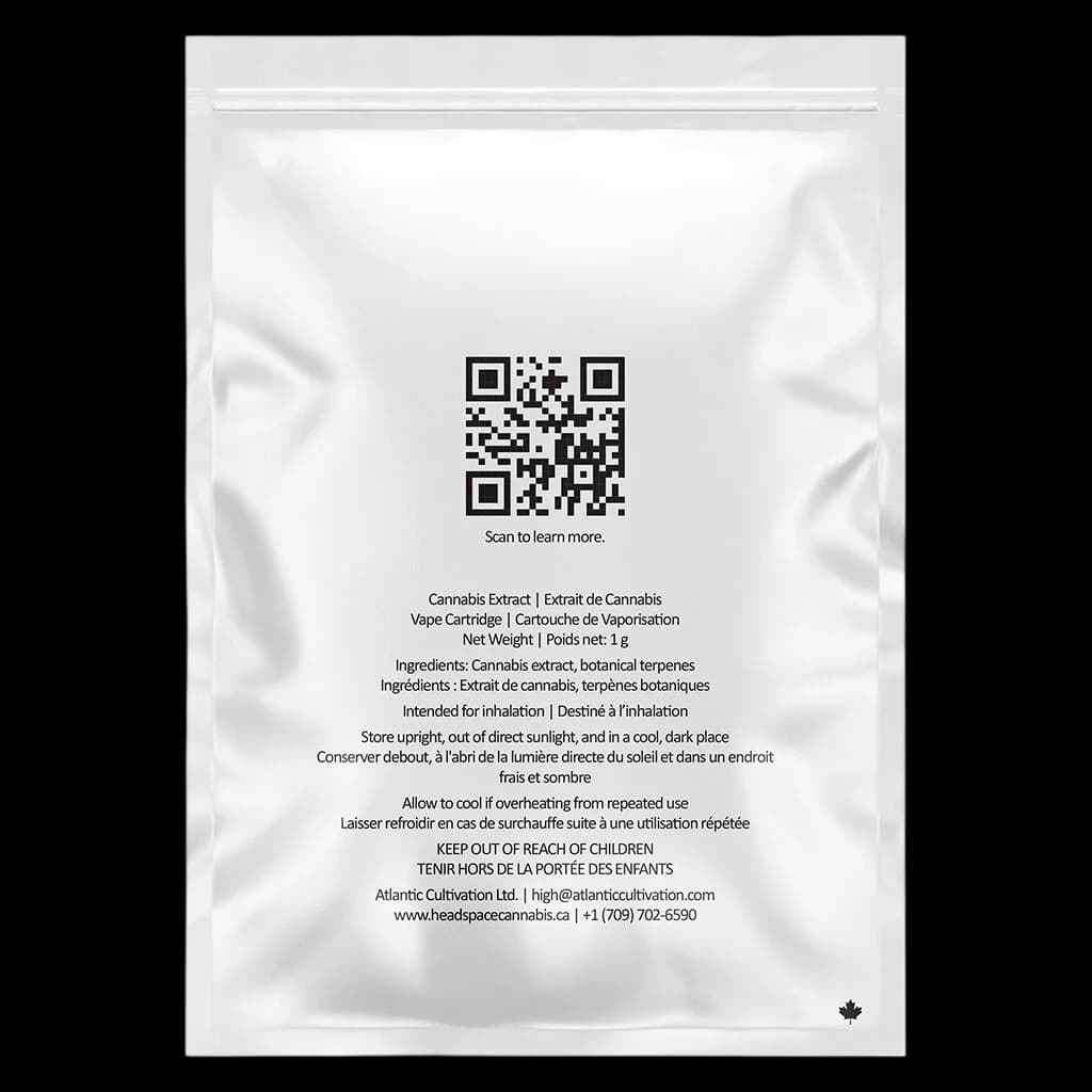 Emballage arrière de la cartouche de vapotage cannabis Fruitquake Liquid Diamond 1g de Headspace, étiquette arrière avec code QR, ingrédients et instructions de conservation