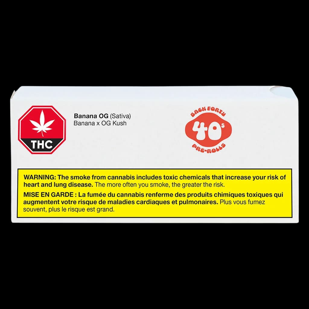 Back Forty Banana OG pre-roll pack, 40s format, Sativa strain with THC warning and Health Canada bilingual label