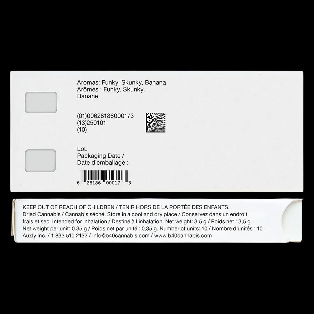 Back Forty Banana OG pre-roll 10-pack rear label showing aroma profile, lot codes, barcode, and Health Canada warnings