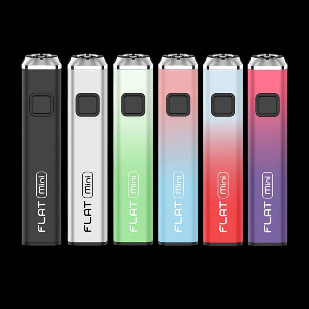 Yocan Flat Mini 510 battery vape pens in six colors: black, white, green, blue, red, and purple gradient