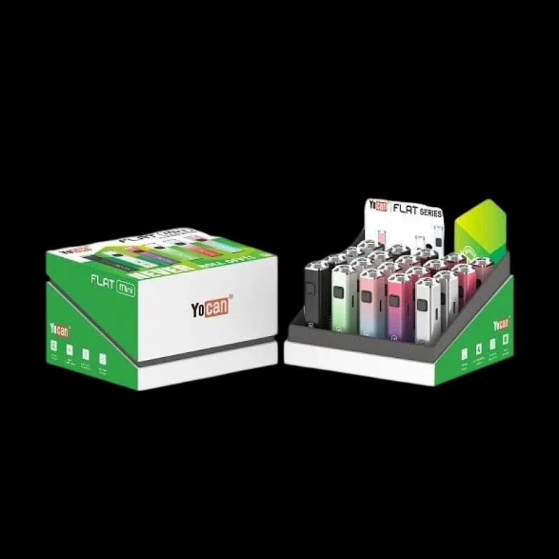 Yocan Flat Mini 510 battery carton display showing 20-pack retail box and colorful gradient vape batteries in multiple colors