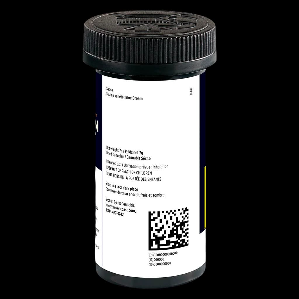 Broken Coast Blue Dream 7g dried cannabis flower in white cylindrical jar with black cap