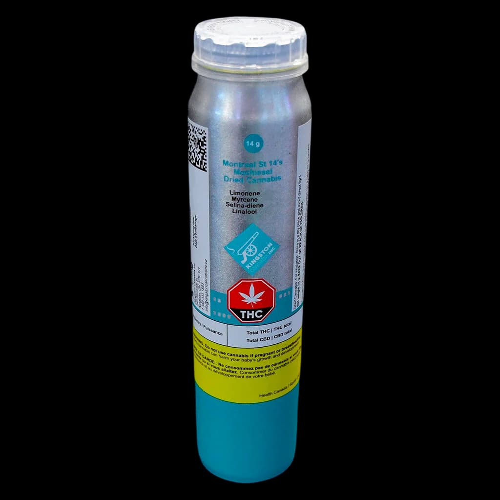 Montreal St 14's 14g dried cannabis flower jar by Kingston Cannabis Inc. with terpene profile and THC warning label visible