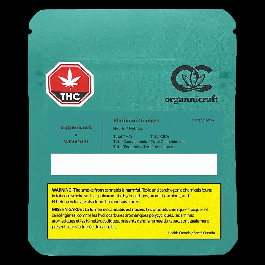 Emballage de concentré Shatter Platinum Oranges 1,0 g d'Organnicraft x Wildcard, concentré de cannabis hybride avec étiquette d'avertissement THC