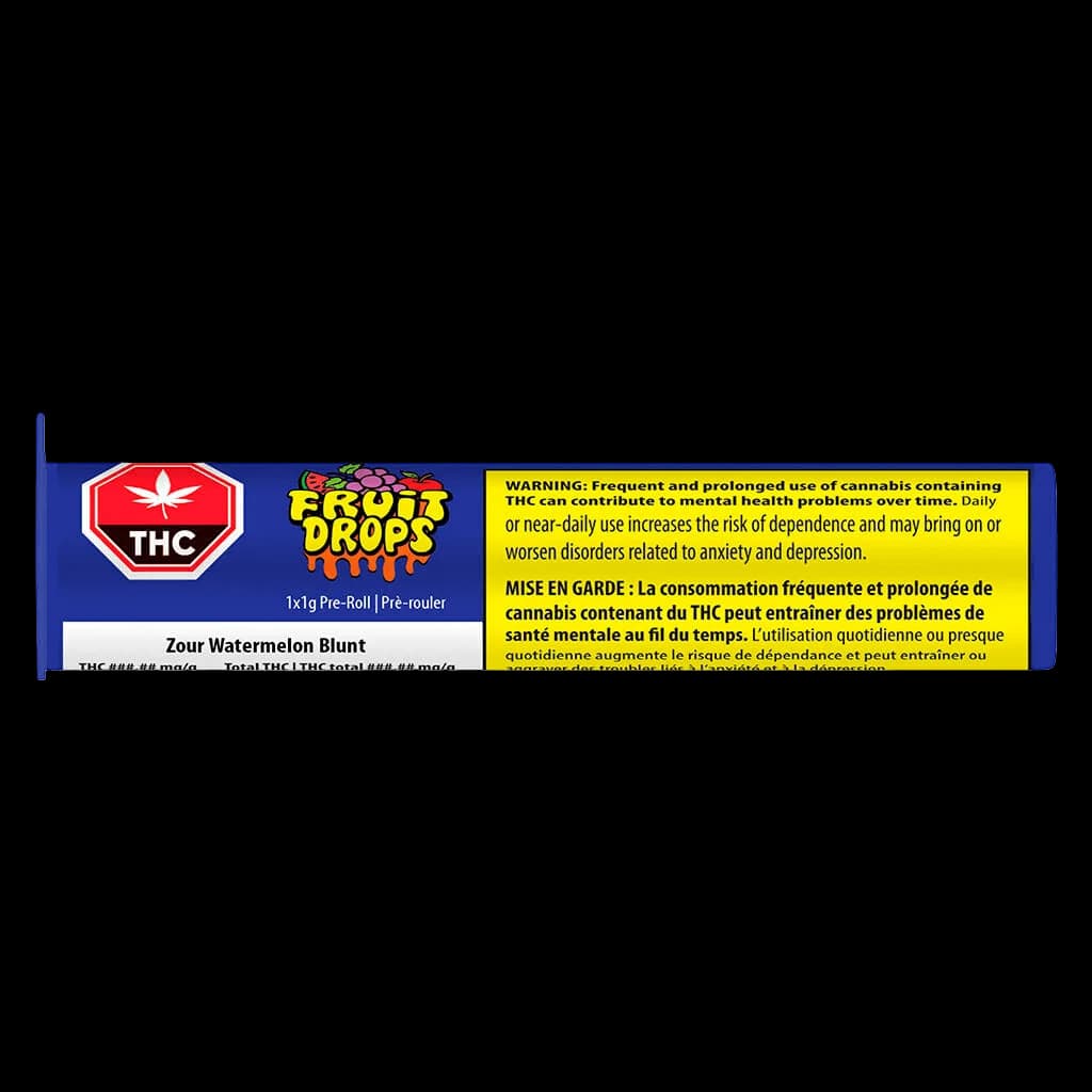 Fruit Drops Zour Watermelon Blunt 1x1g pre-roll package front with THC warning label and Health Canada bilingual health warning