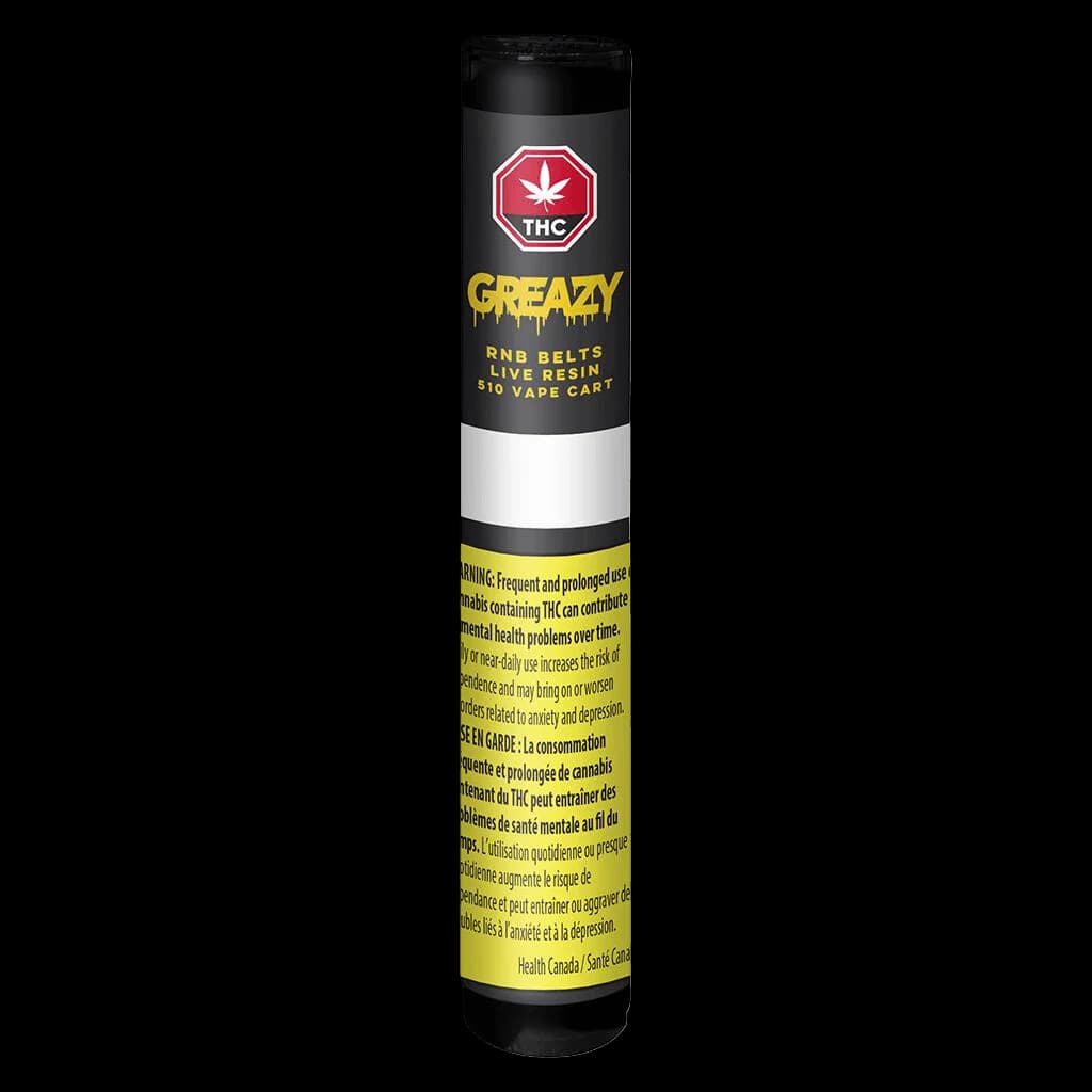 GREAZY Rnb Belts live resin 510 vape cartridge with black and white packaging and yellow Health Canada warning label