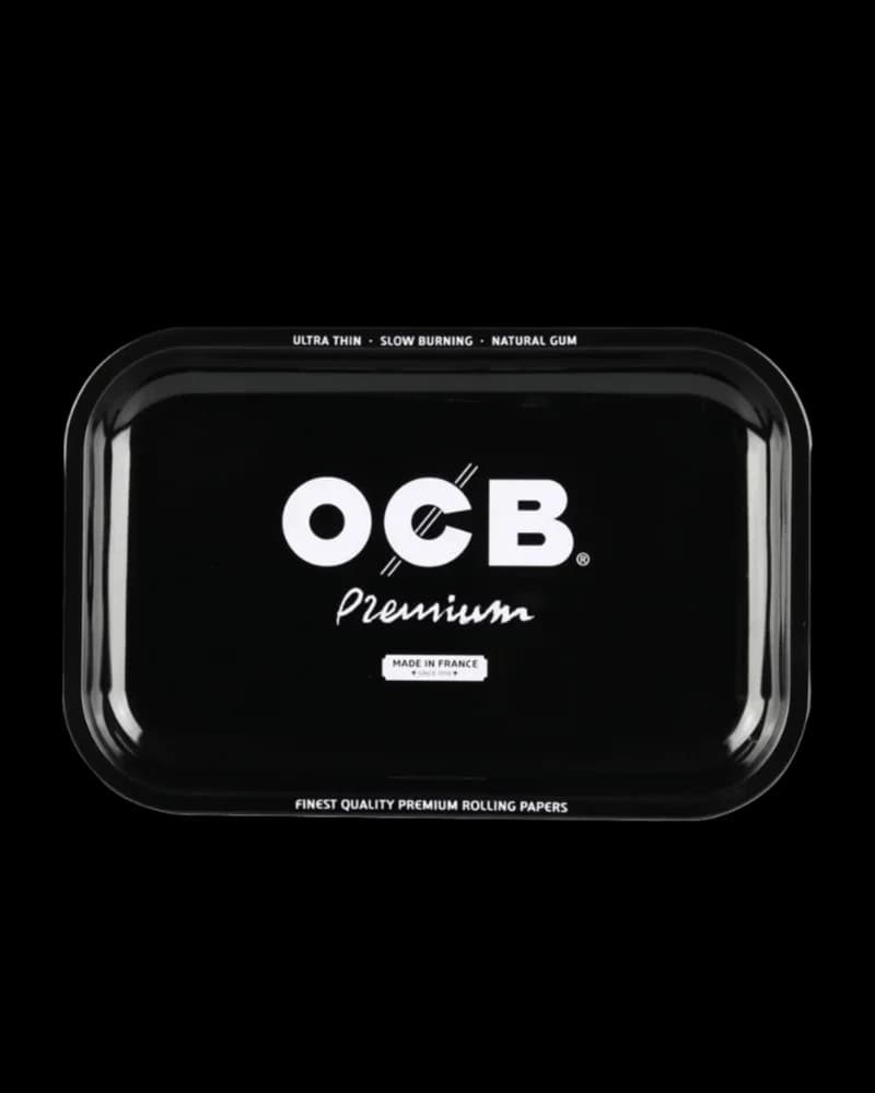 OCB Premium rolling tray, black with white logo, ultra-thin slow-burning natural gum, made in France