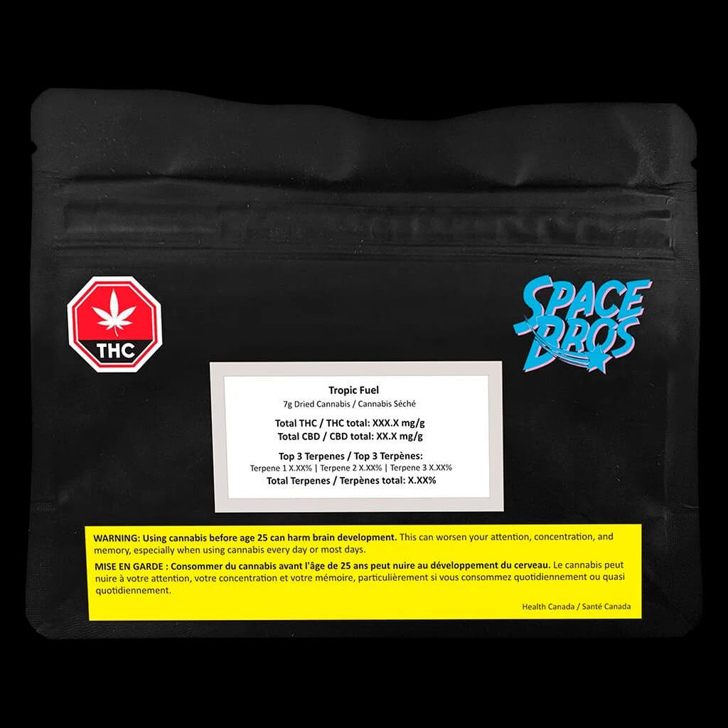 Pochette de 7 g de fleurs de cannabis séchées Space Bros Tropic Fuel avec sceau d'avertissement THC rouge et étiquette d'avertissement sanitaire jaune