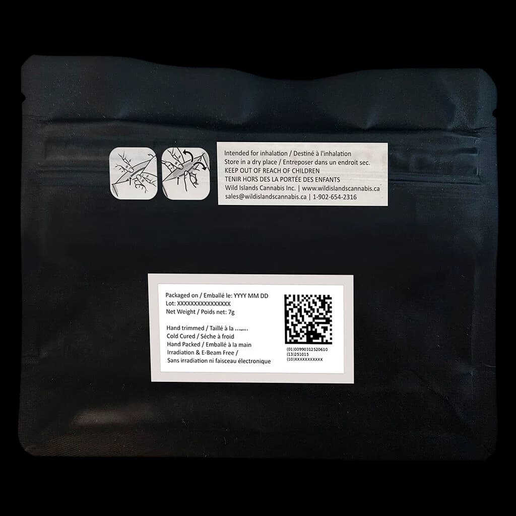 Pochette de 7 g de fleurs de cannabis séchées Space Bros Tropic Fuel, emballage noir avec instructions d'utilisation et de conservation, code QR et détails du produit visibles