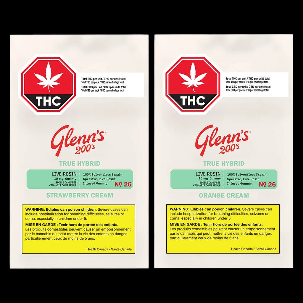 Glenn's 200's True Hybrid Live Rosin 10mg gummy in Strawberry Cream and Orange Cream flavours with THC warning symbol and Health Canada safety label