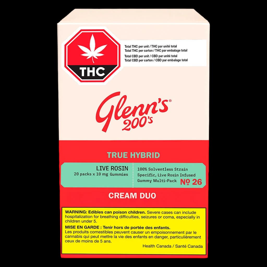 Glenn's 200's True Hybrid Live Rosin gummies, 20 packs x 10 mg, Strawberry Cream Duo flavour with Health Canada THC warning label