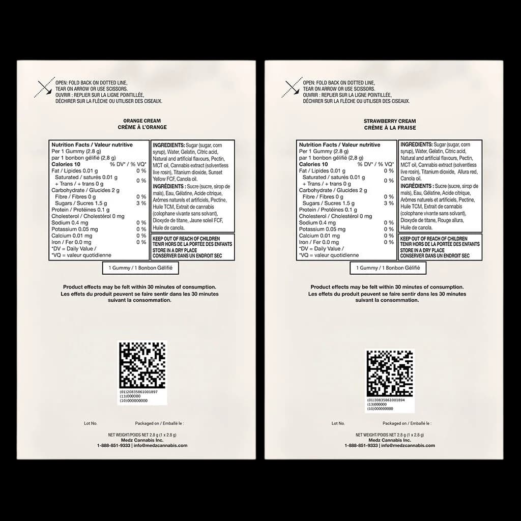 Medz Cannabis Inc. Orange Cream and Strawberry Cream cannabis gummies nutrition facts and ingredient labels showing 2.8g per gummy