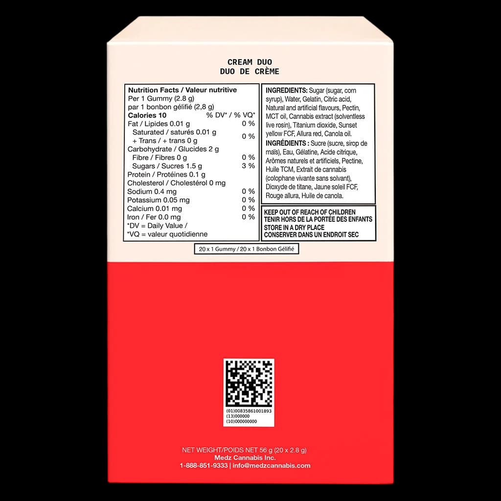 Medz Cannabis Cream Duo gummies package back, 20 x 1 gummy, 56g total, nutrition facts and ingredients visible