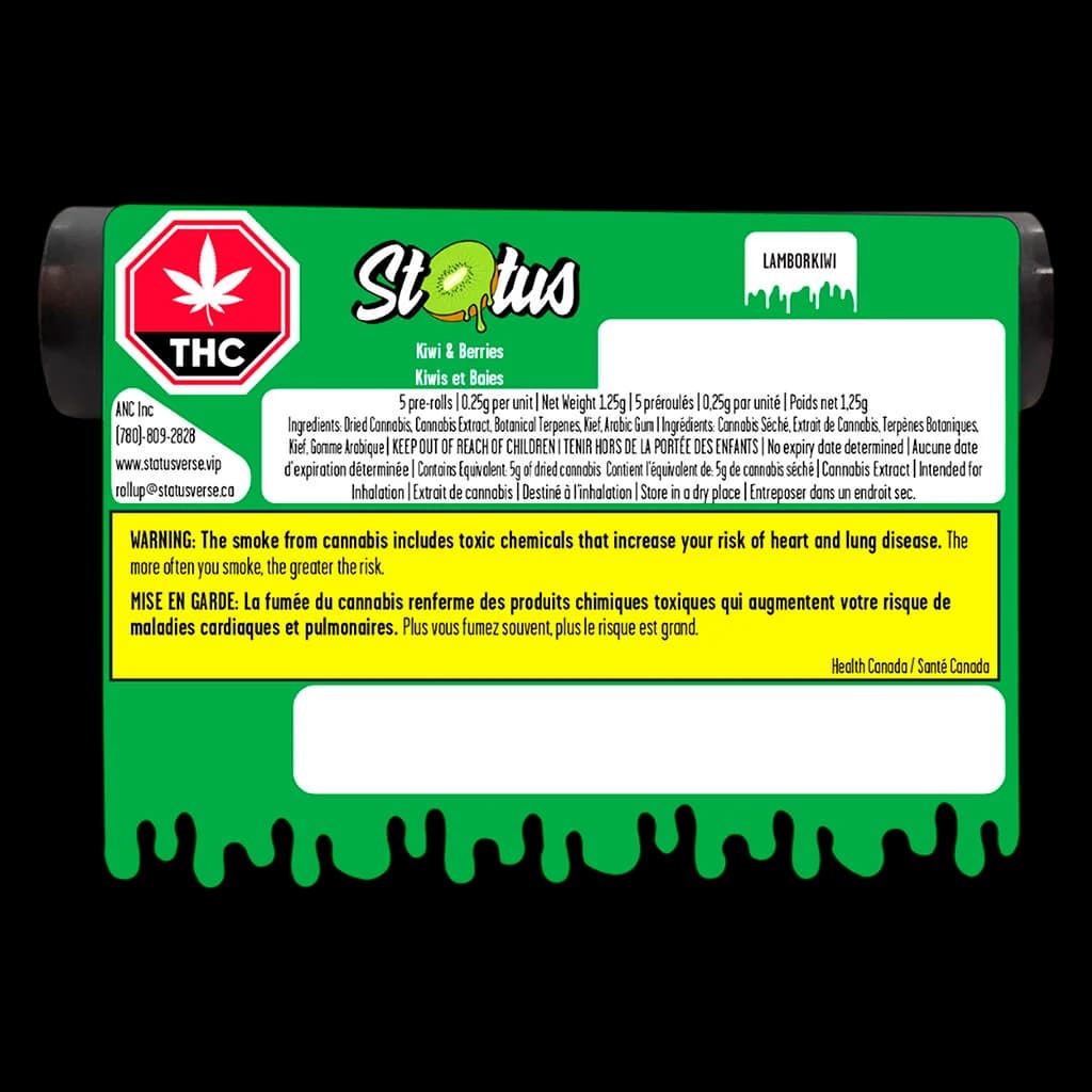 Status Lamborkiwi Kiwi & Berries 5 pre-rolls 0.25g per unit, 1.25g net weight cannabis pre-roll pack with green packaging and THC warning label