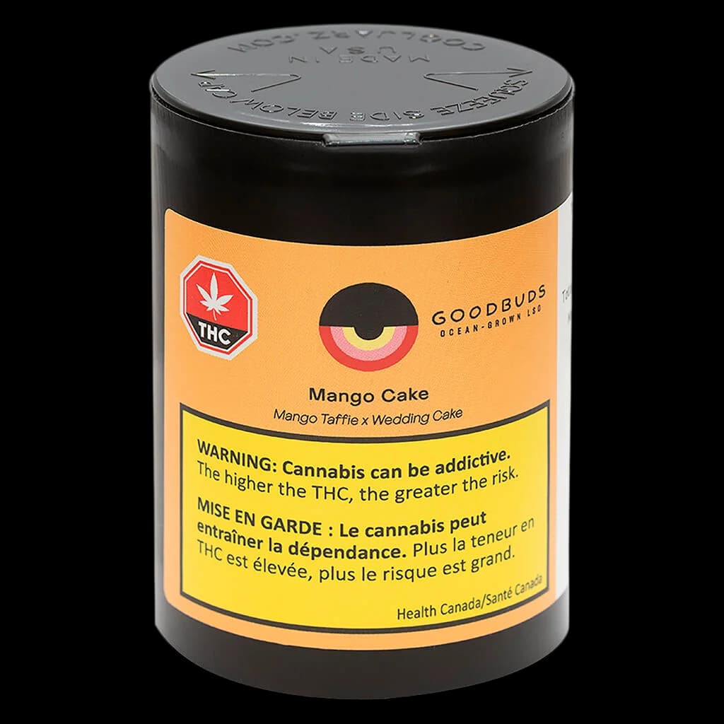 Good Buds Mango Cake dried flower in sealed black container with orange label featuring THC symbol and strain name