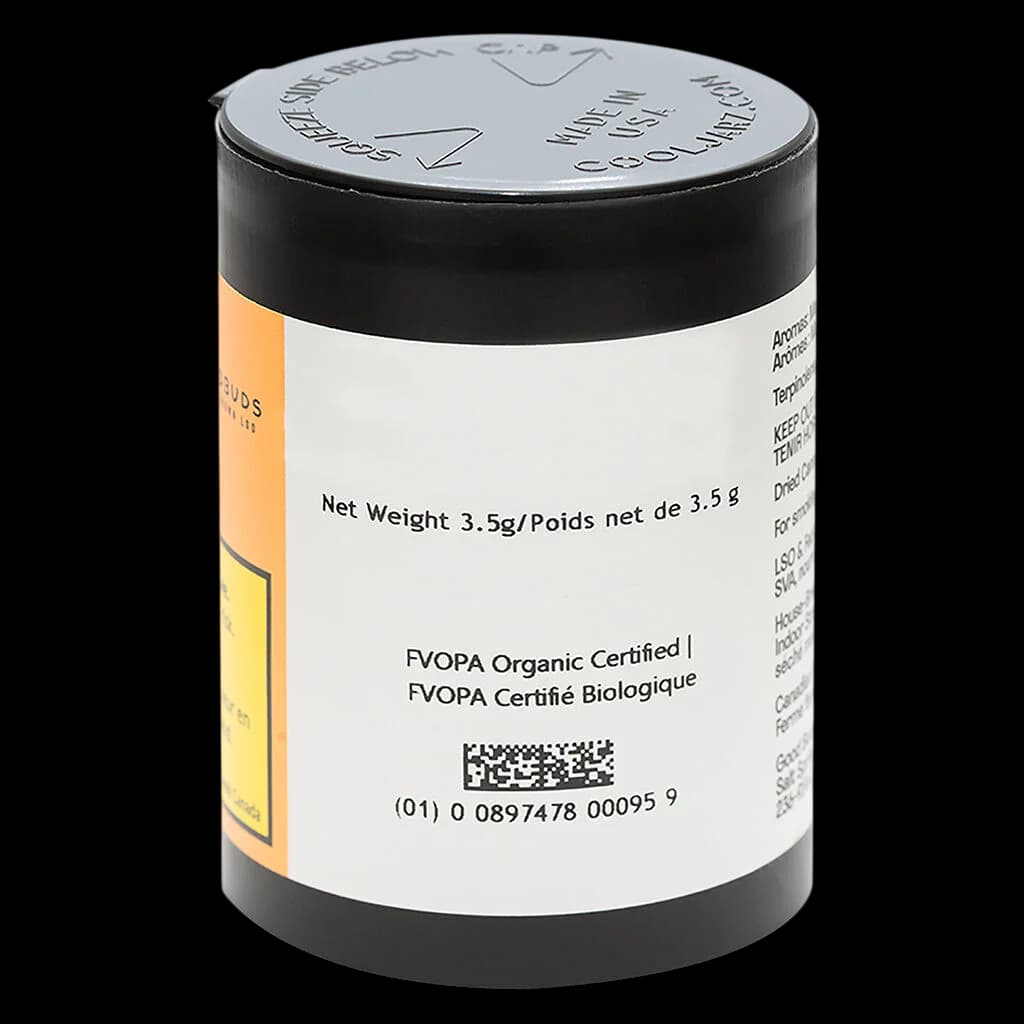 GOOD BUDS Mango Cake 3.5g cannabis dried flower jar with black lid and white label showing FVOPA organic certification
