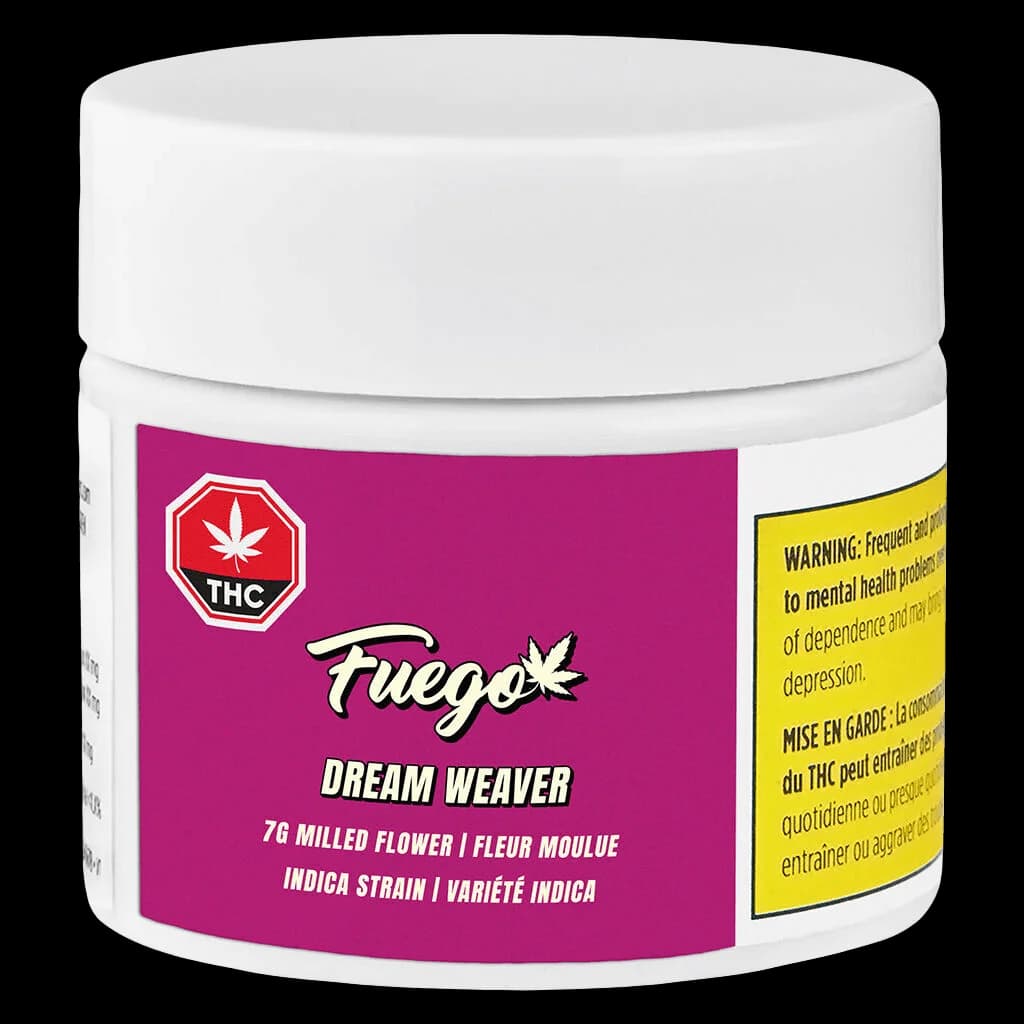 Fuego Dream Weaver 7g milled flower indica strain in white jar with magenta label