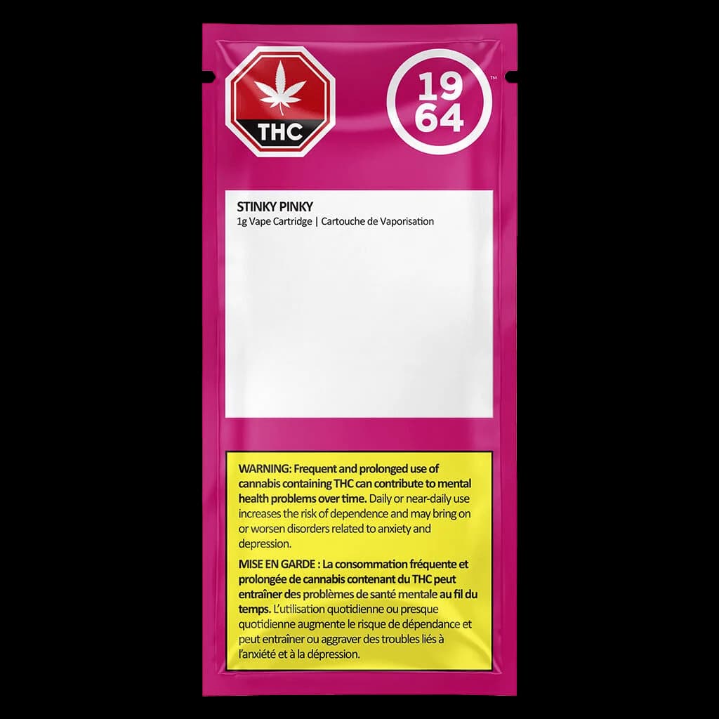1964 Stinky Pinky 1g vape cartridge, 19.64% THC, with magenta packaging and Health Canada warning label