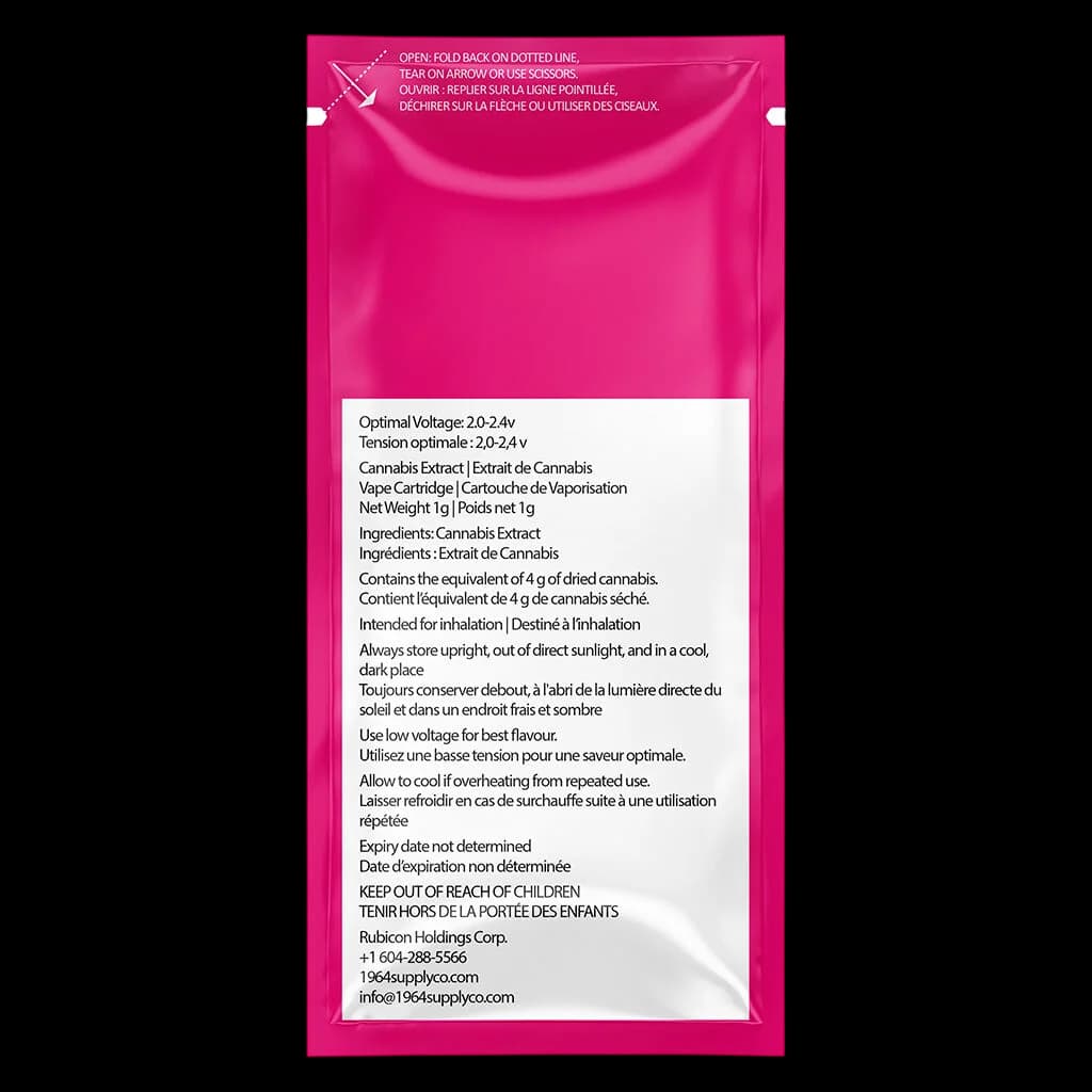 1964 Stinky Pinky FSE Resin 1g cannabis extract vape cartridge, rear packaging showing instructions and specifications