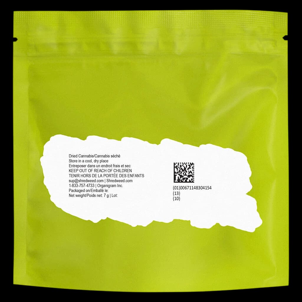 Sachet de 7 g de fleurs de cannabis séché SHRED Sour Ranger 30+ avec emballage vert lime vif et étiquette d'information réglementaire