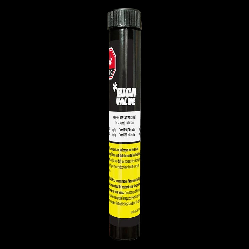 Paquet de blunt prérollé sativa au chocolat High Value de 1 g avec emballage en tube noir et étiquette d'avertissement sanitaire jaune
