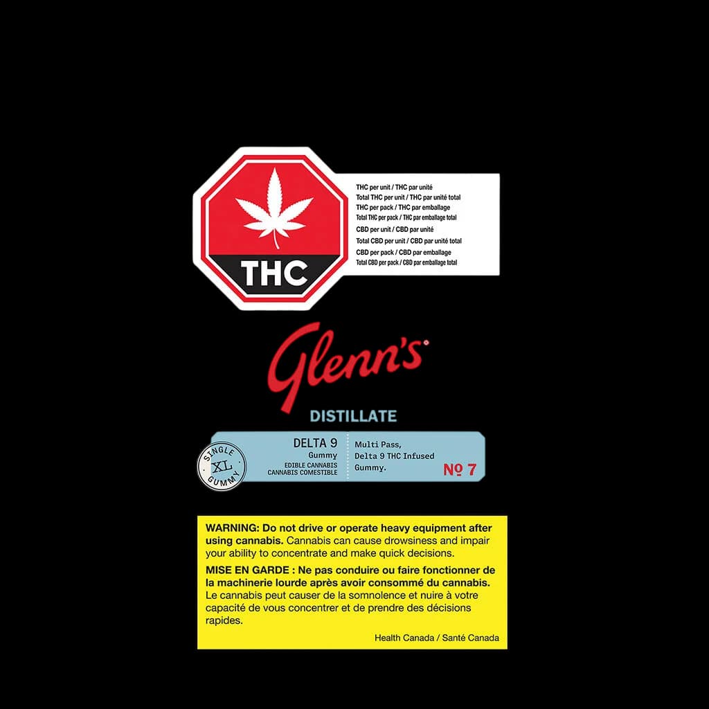 Glenn's Delta 9 Distillate No.7 cannabis edible gummy with THC warning symbol and Health Canada safety label
