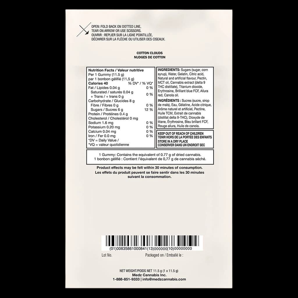 Cotton Clouds cannabis gummy package back label showing nutrition facts, ingredients with delta 9 THC distillate, and 11.5g net weight