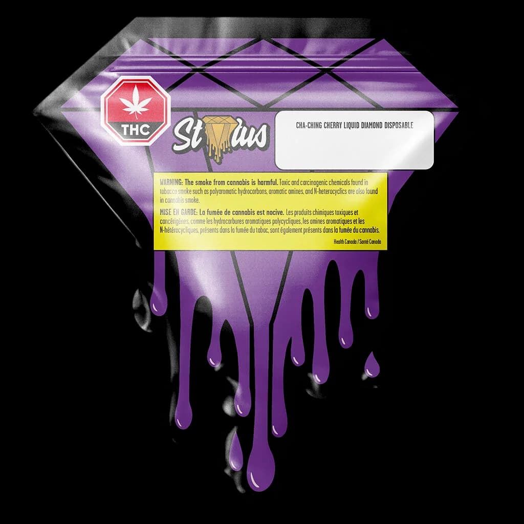 Cha-Ching Cherry Liquid Diamond disposable vape pen with purple and black dripping design, THC warning label visible