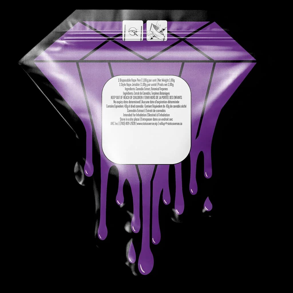 Status Cha-Ching Cherry Liquid Diamond disposable vape pen, 1.0g, with purple and black dripping design and regulatory icons