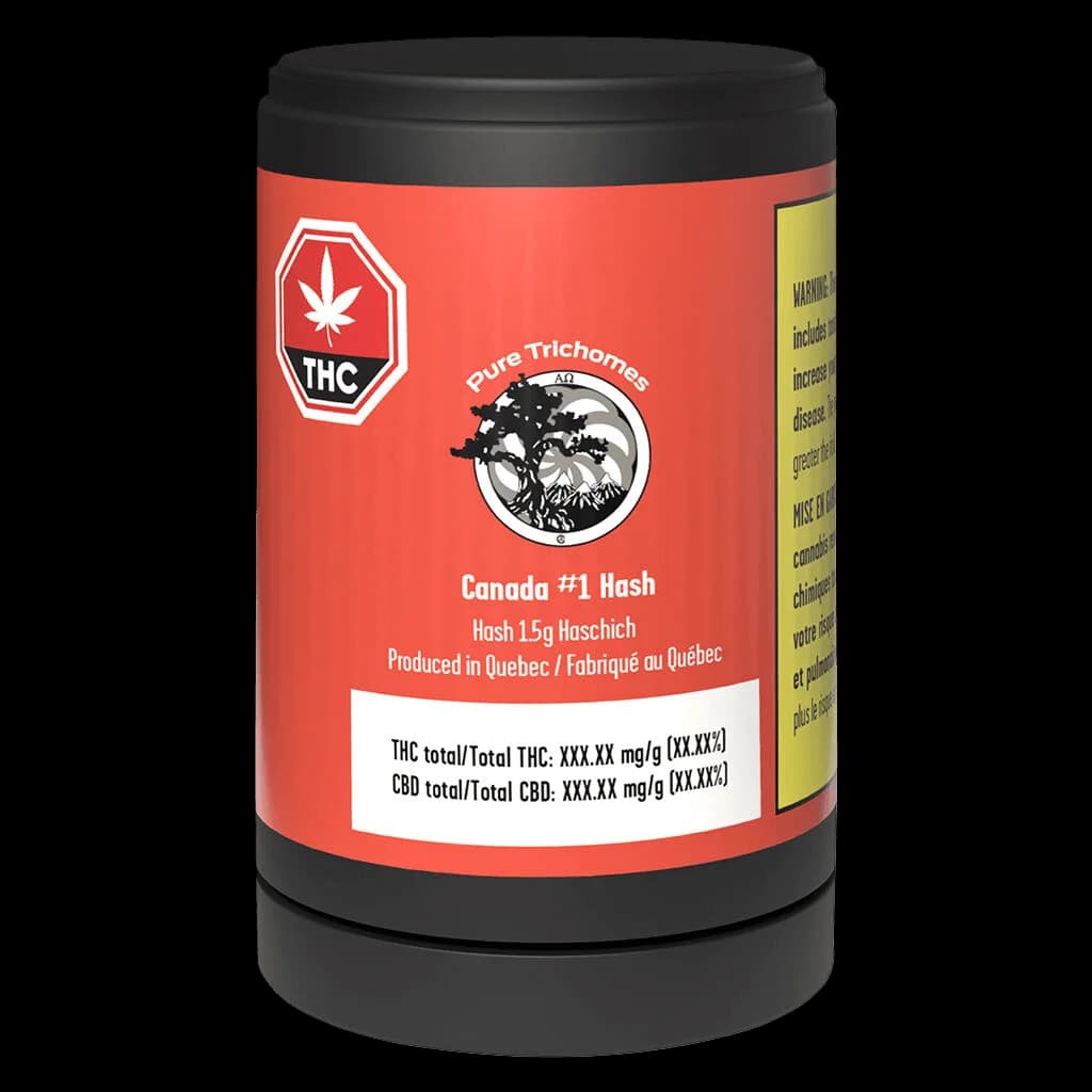 Contenant de 1,5 g de haschich Canada nº 1 de Pure Trichomes avec emballage rouge et couvercle noir