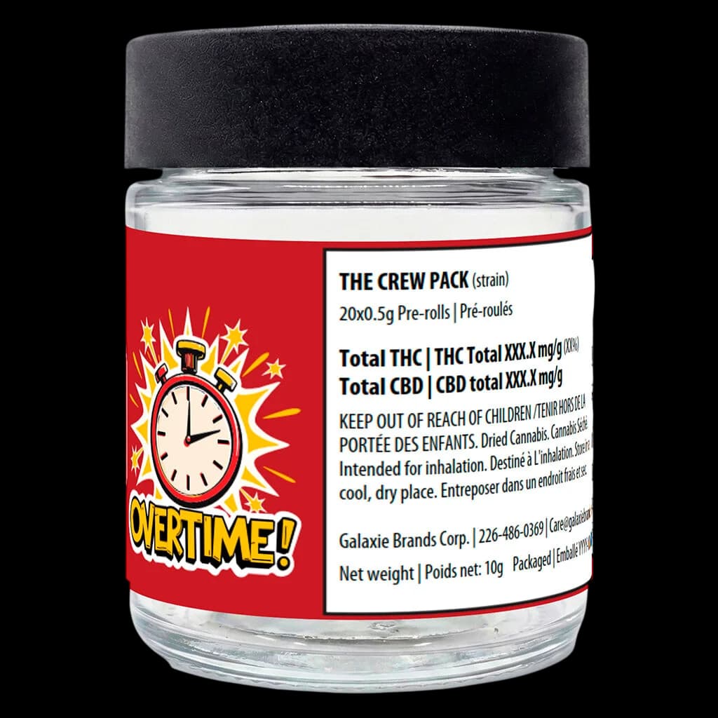 Overtime The Crew Pack 20x0.5g pre-rolls in glass jar with black lid, red label with stopwatch graphic