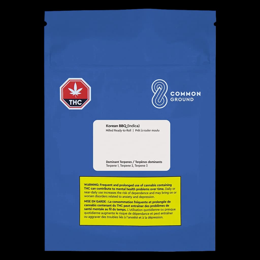 Common Ground Korean BBQ Indica milled ready-to-roll cannabis package, blue pouch with THC warning symbol and Health Canada warning label