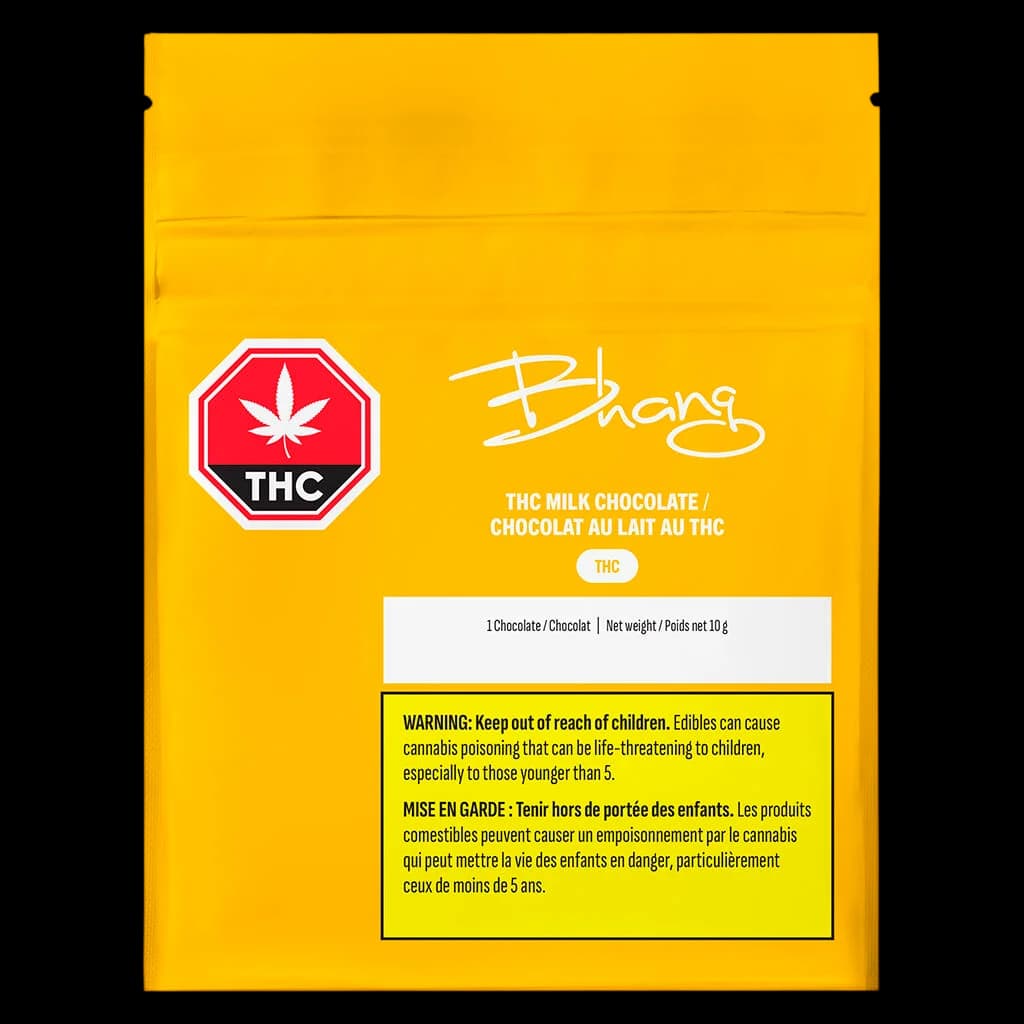 Tablette de chocolat au lait THC Bhang de 10 g, emballage avec symbole d'avertissement THC rouge sur fond jaune