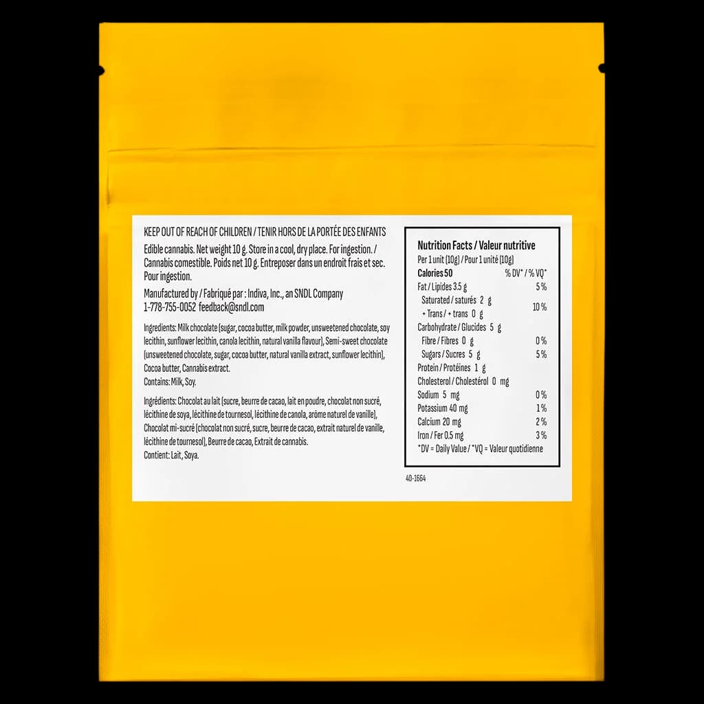 Panneau arrière de la tablette de chocolat au lait THC Bhang 10 g montrant le tableau de valeur nutritive, la liste des ingrédients et les détails sur l'extrait de cannabis