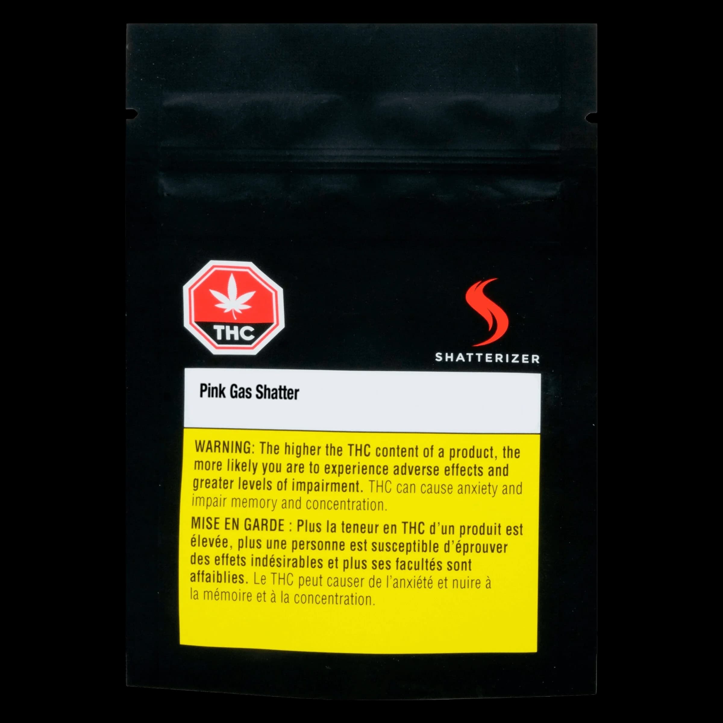 Shatterizer Pink Gas Shatter cannabis concentrate package with red THC warning symbol and yellow Health Canada warning label on black pouch