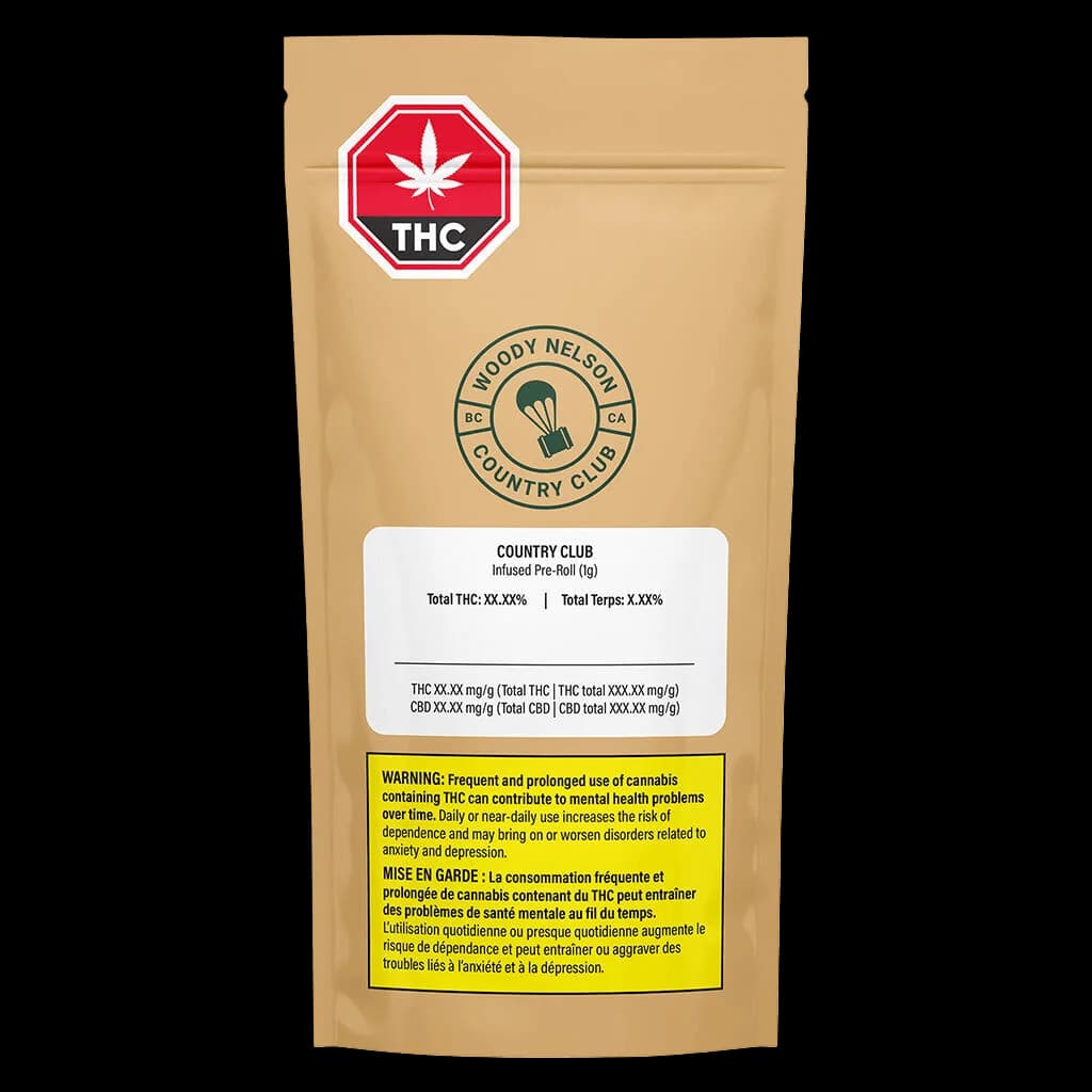 Woody Nelson Country Club infused pre-roll 1g package with red THC warning symbol and yellow health warning label