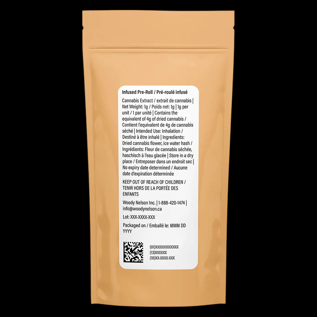Woody Nelson Country Club Infused Pre-Roll 1g package with cannabis extract and dried flower, net weight 1g