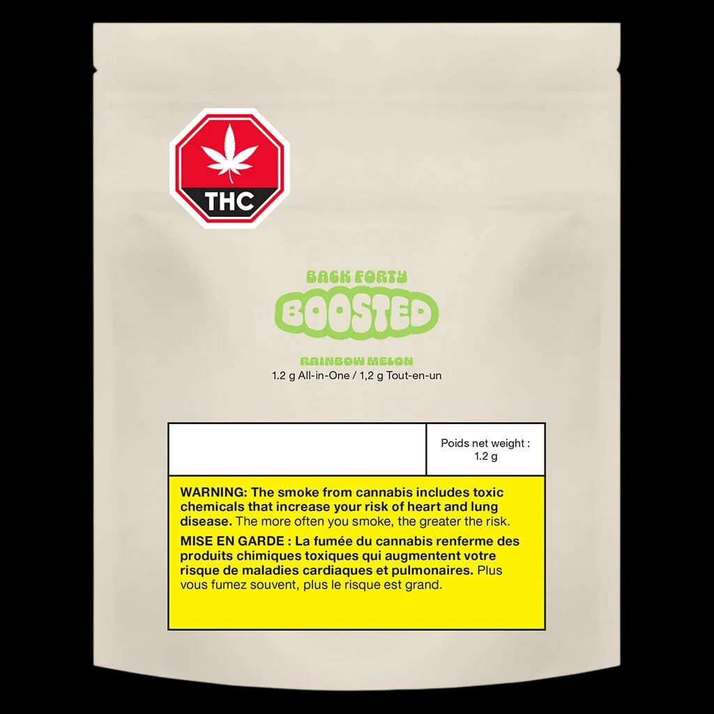 Back Forty Boosted Rainbow Melon 1.2g all-in-one cannabis vape cartridge package front with THC warning symbol and Health Canada warning label